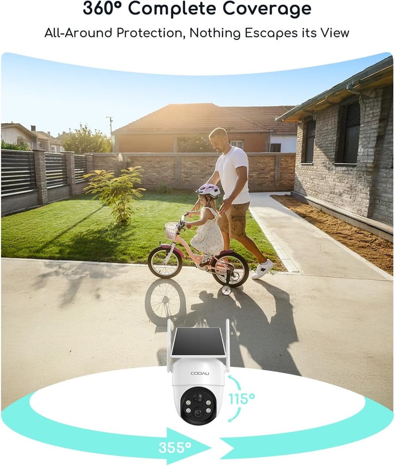 COOAU كاميرات للأمن المنزلي، كاميرات أمنية شمسية 2K 360° لاسلكية خارجية، قابلة لإعادة الشحن في الإضاءة المنخفضة، سهلة التركيب، كاميرا مراقبة مع كشف ذكي بالذكاء الاصطناعي، رؤية ليلية ملونة، صوت ثنائي الاتجاه - Image 4